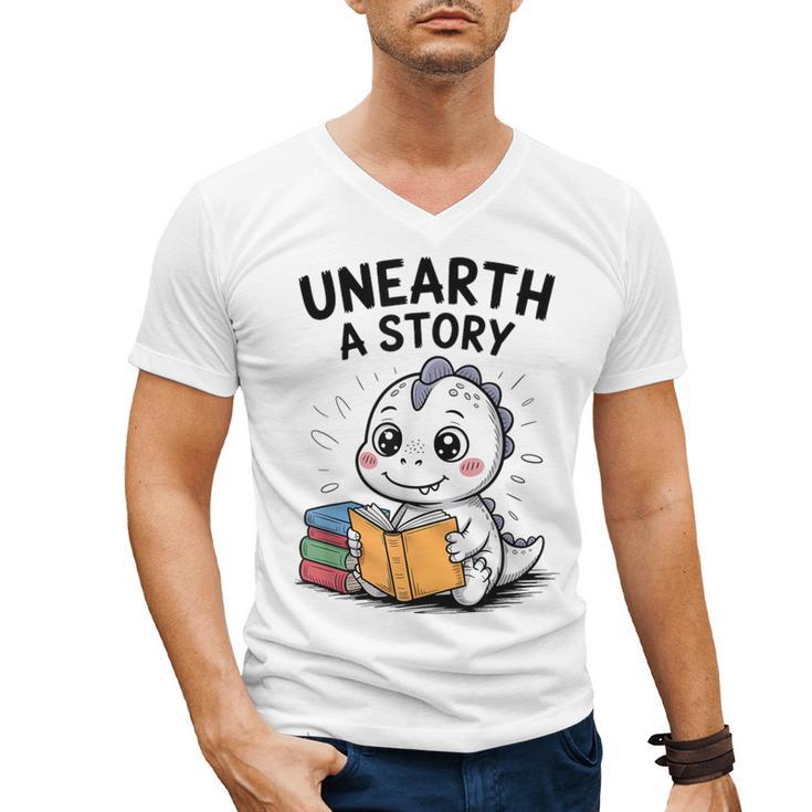 Unearth a Story Cute Dinosaur Summer Reading 2026 Dino Book Men's V-Neck T-Shirt