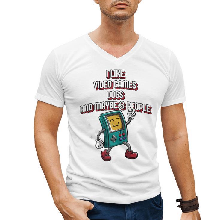 I Like Video Games Dogs And Maybe 3 People Gamer Introvert Raglan Baseball Tee Men's V-Neck T-Shirt