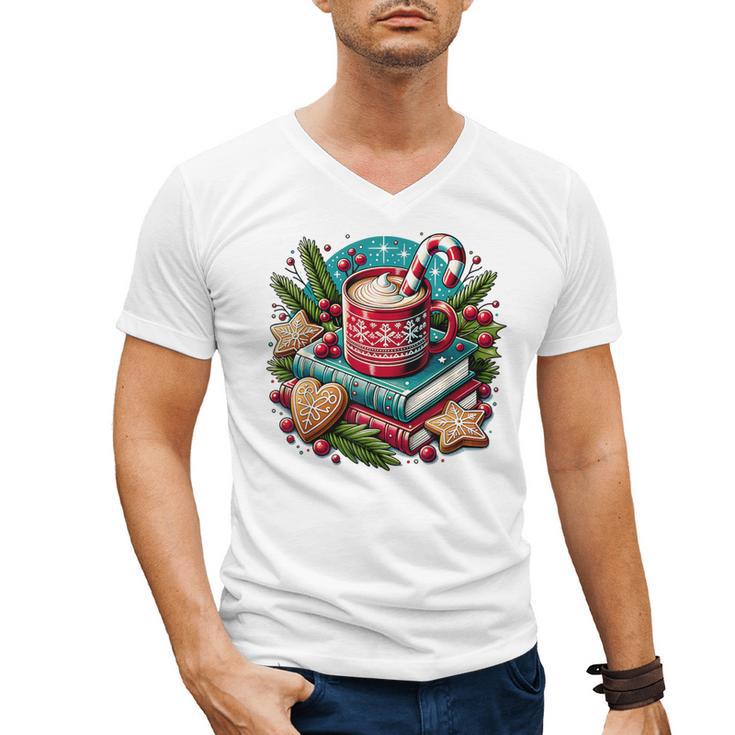 Vintage Cozy Winter Hot Cocoa Books Gingerbread Book Lovers Men's V-Neck T-Shirt