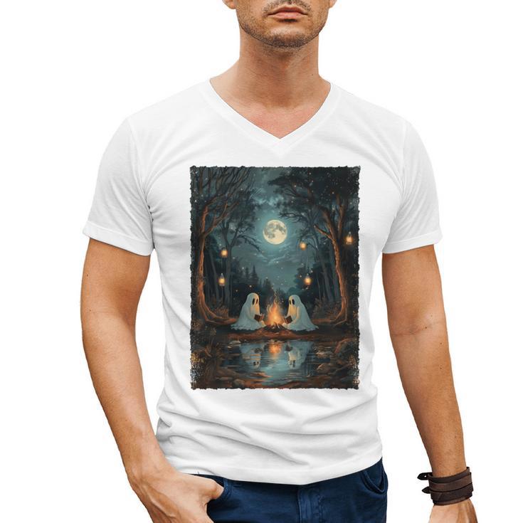 Vintage Ghost Book Reading Camping Gothic Halloween Teachers Men's V-Neck T-Shirt