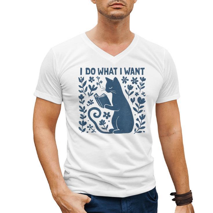 I Do What I Want Cat Reading Book Boho Flowers Vintage Men's V-Neck T-Shirt