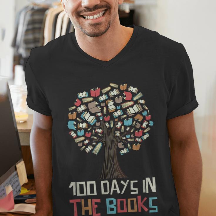 100 Days In The Books Tree Reading Teacher Student 100th Day Men's V-Neck T-Shirt 100 Days In The Books Tree Reading Teacher Student 100th Day Men's V-Neck T-Shirt