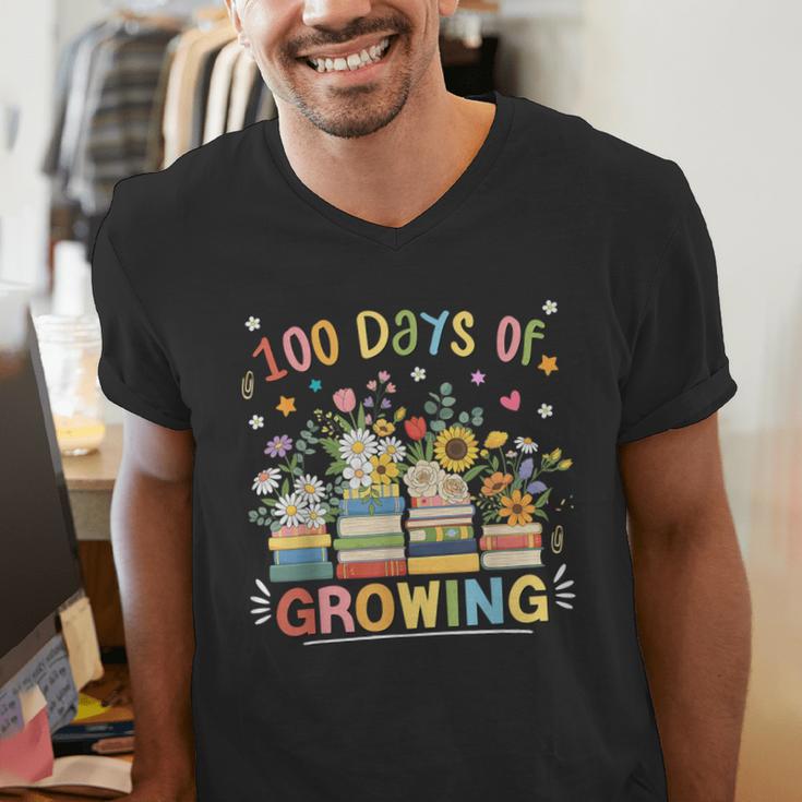 100th Day Of School Teacher Floral Books 100 Days Of Growing Men's V-Neck T-Shirt