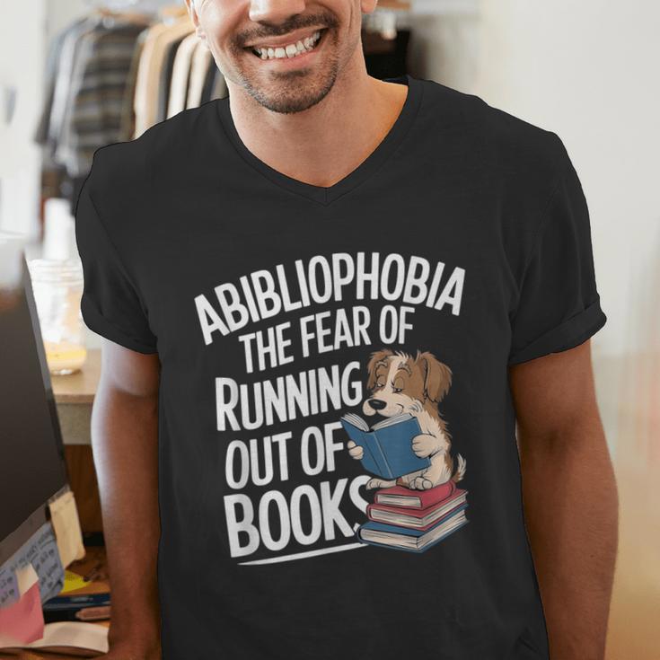 Abibliophobia Dog Book Lover Library Men's V-Neck T-Shirt Abibliophobia Dog Book Lover Library Men's V-Neck T-Shirt