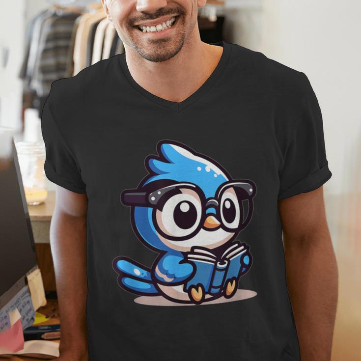 Adorable Book Lover Blue Jay With Reading Glasses Cute Men's V-Neck T-Shirt