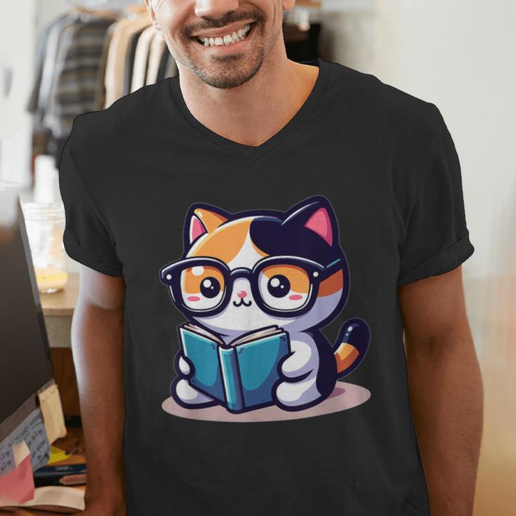 Adorable Book Lover Calico Cat With Reading Glasses Cute For Men Women Kids Men's V-Neck T-Shirt