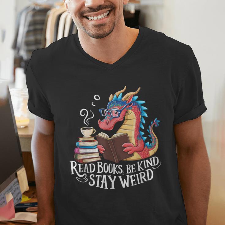Adorable Book Lover Dragon Read Books Be Kind Stay Weird Men's V-Neck T-Shirt