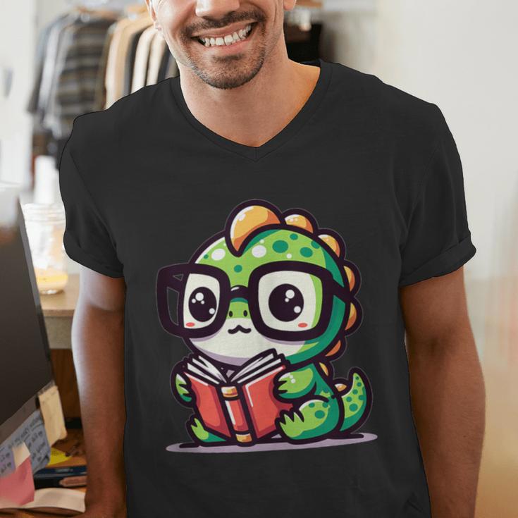 Adorable Book Lover Iguana With Reading Glasses Cute Men's V-Neck T-Shirt