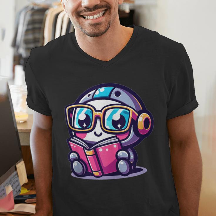Adorable Book Lover Robot With Reading Glasses Cute Men's V-Neck T-Shirt