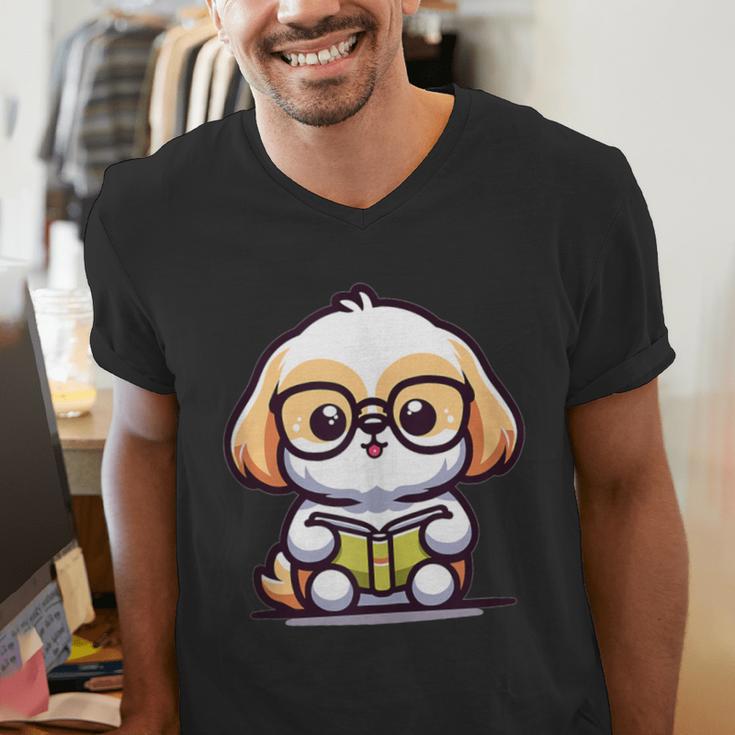 Adorable Book Lover Shih Tzu With Reading Glasses Cute Men's V-Neck T-Shirt