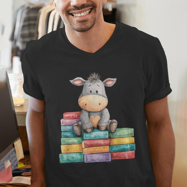 Adorable Donkey With Heart Sitting On Colorful Book Stack Men's V-Neck T-Shirt