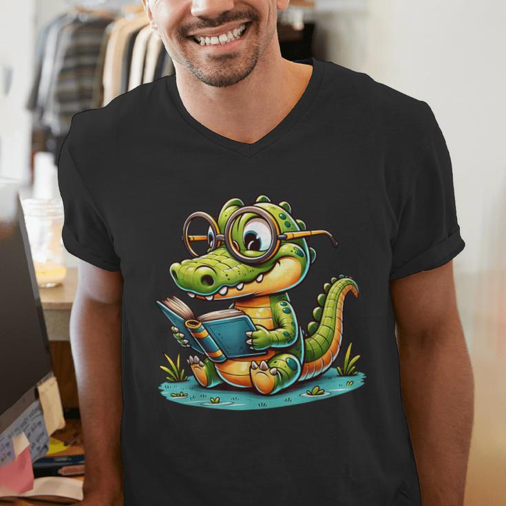 Alligator Reading a Book Animal Men's V-Neck T-Shirt Alligator Reading a Book Animal Men's V-Neck T-Shirt