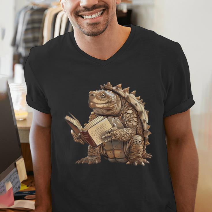 Alligator Snapping Turtle Reading A Book Men's V-Neck T-Shirt Alligator Snapping Turtle Reading A Book Men's V-Neck T-Shirt
