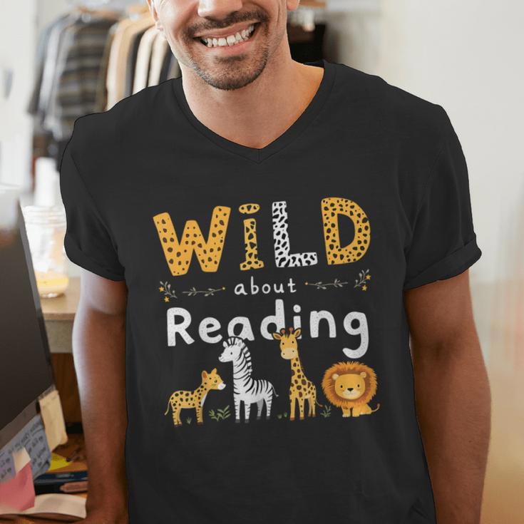 Animal Print Read A Book Character Kids Wild About Reading Men's V-Neck T-Shirt Animal Print Read A Book Character Kids Wild About Reading Men's V-Neck T-Shirt