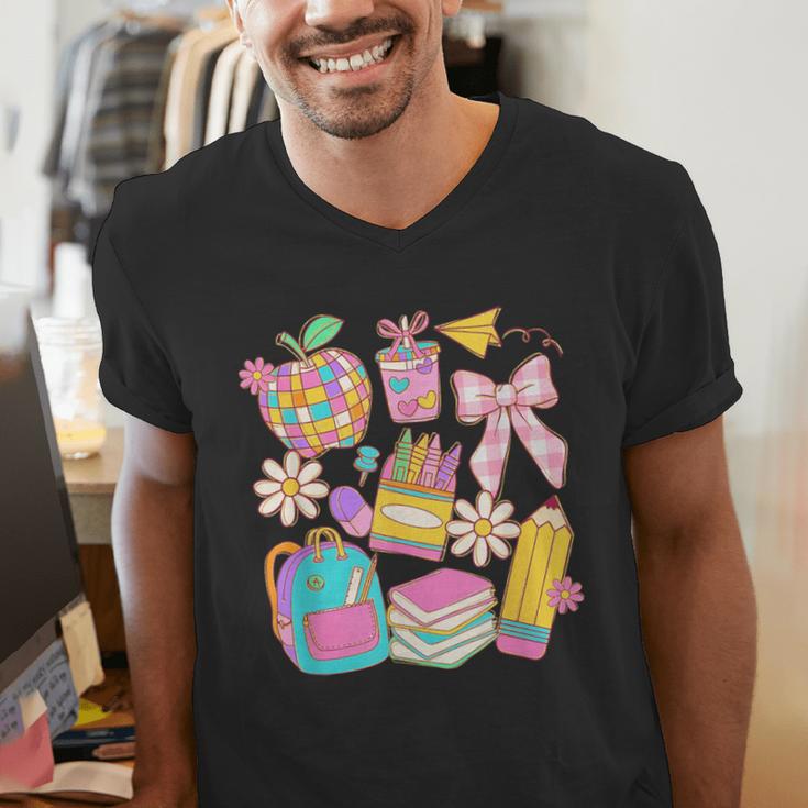Apple Disco Pencil Books Bow Teacher Student Back To School Men's V-Neck T-Shirt