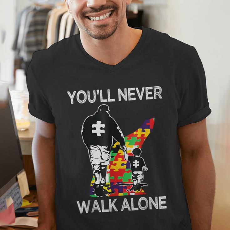 Autism Dad Support Alone Puzzle You'Ll Never Walk Men's V-Neck T-Shirt