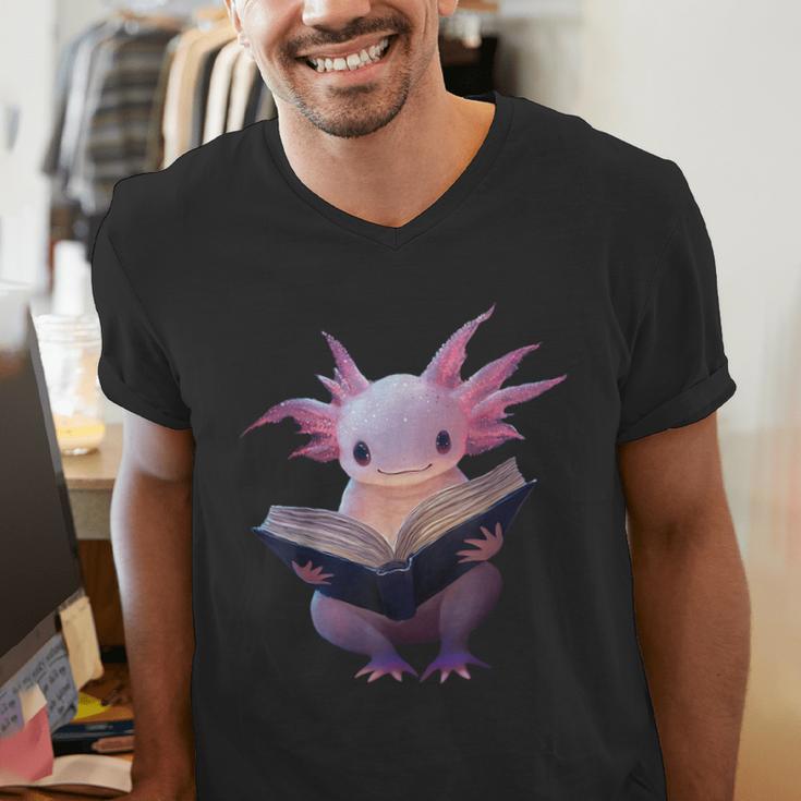 Axolotl Bookworm Reading Book Kawaii Graphic Men's V-Neck T-Shirt Axolotl Bookworm Reading Book Kawaii Graphic Men's V-Neck T-Shirt