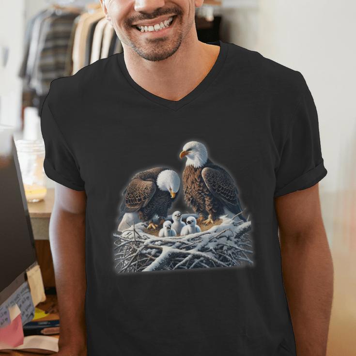 Bald Eagle Dad Mom Three Eaglet Chicks Babies In The Nest Men's V-Neck T-Shirt