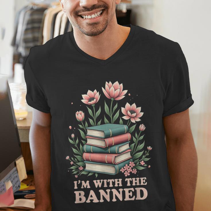 Im With The Banned Floral Flower Book Lover Men's V-Neck T-Shirt