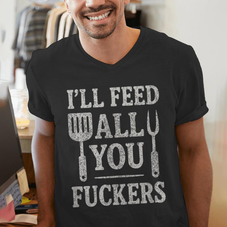 BBQ I’Ll Feed All You Fuckers BBQ Dad Cooking Grilling Men's V-Neck T-Shirt