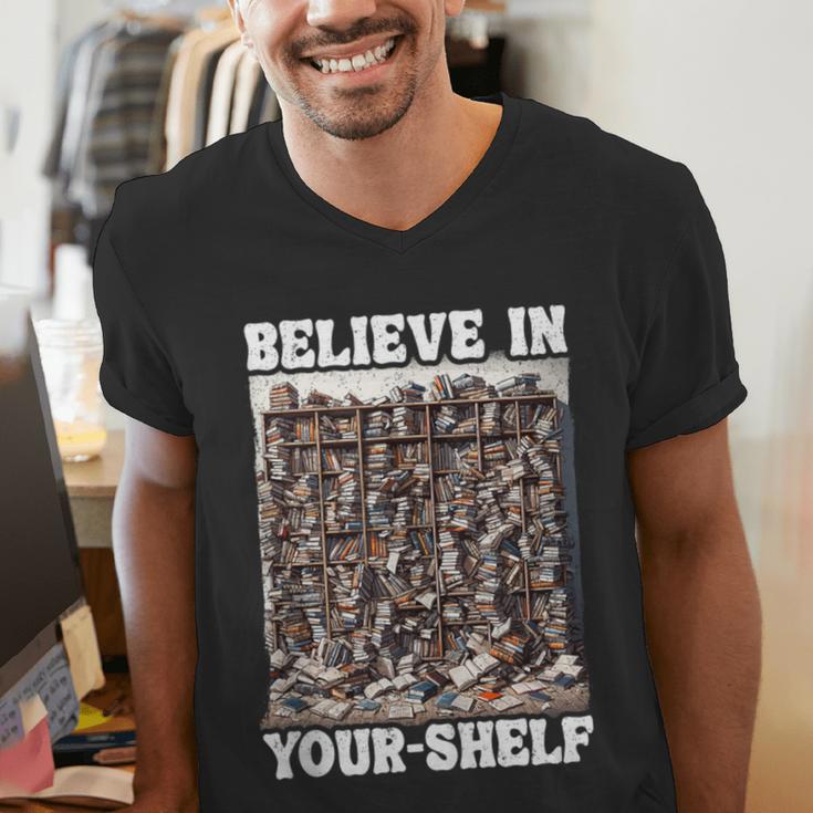 Believe In Your-Shelf Bookworm Book Shelf Reader Men's V-Neck T-Shirt