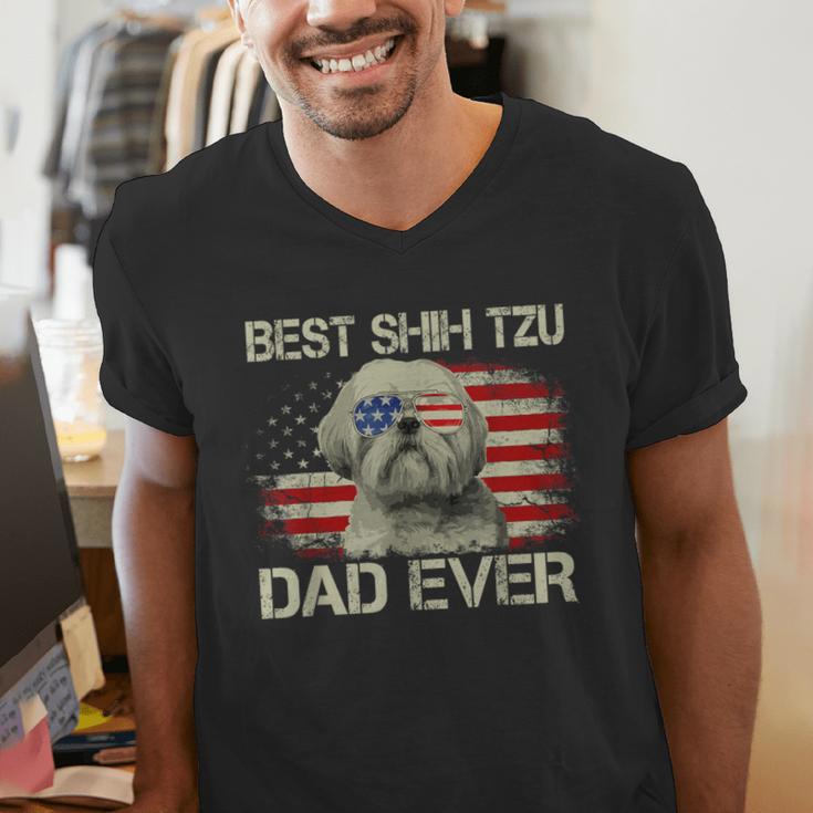 Best Shih Tzu Dad Ever Tshirt Dog Lover American Flag Men's V-Neck T-Shirt