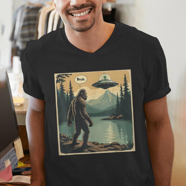Bigfoot Sasquatch Alien Spaceship UFO Introvert Bruh Men's V-Neck T-Shirt Bigfoot Sasquatch Alien Spaceship UFO Introvert Bruh Men's V-Neck T-Shirt