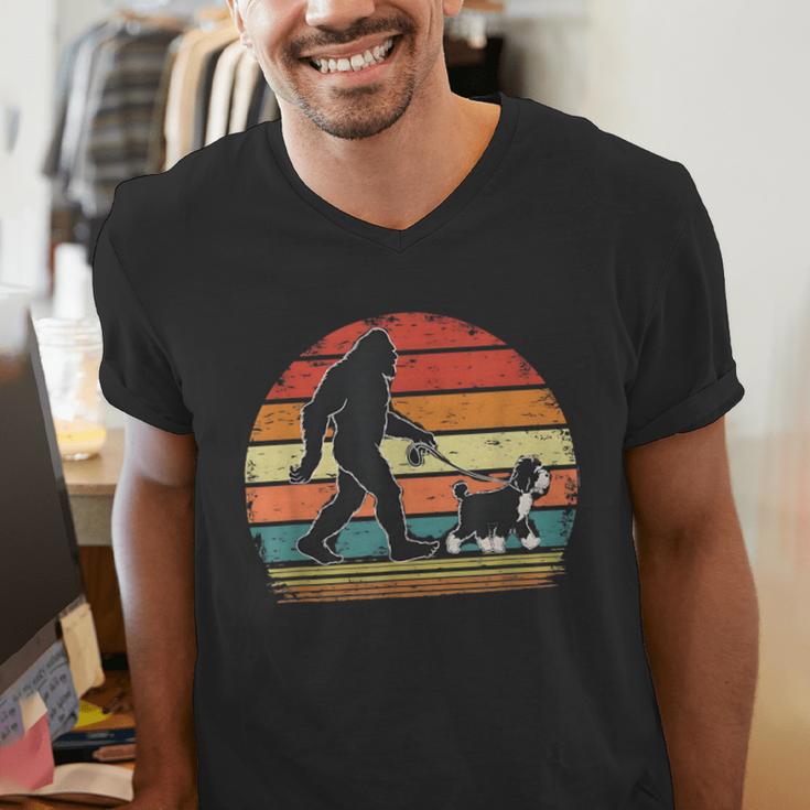 Bigfoot Walking a Dog Bernedoodle Dog Dad Men's V-Neck T-Shirt