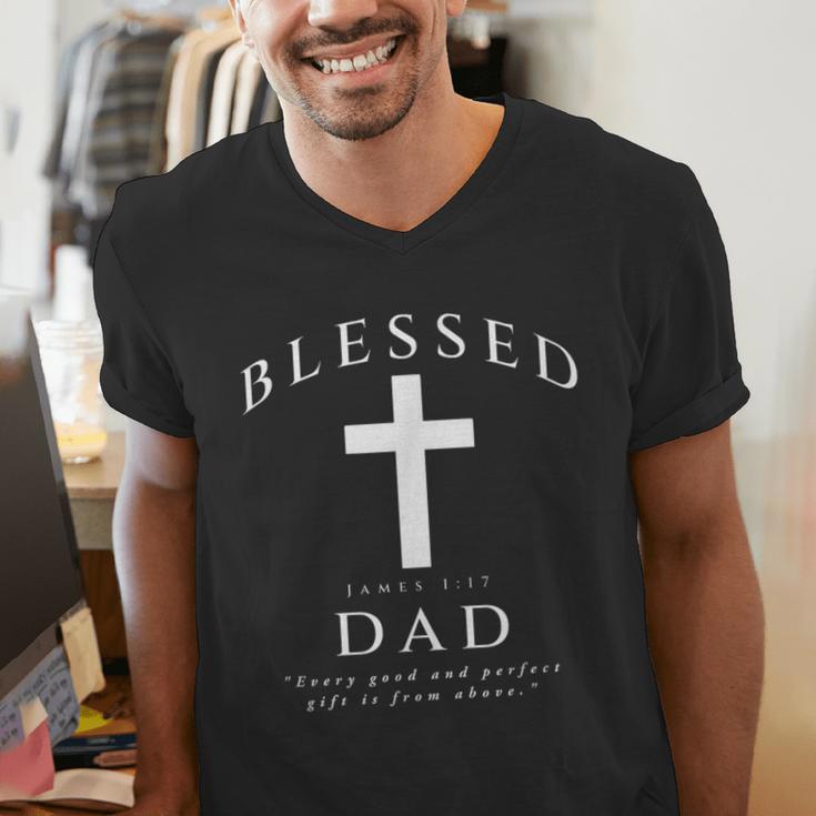 Blessed Dad Christian Men James 1 17 Scripture Quote Cross Men's V-Neck T-Shirt