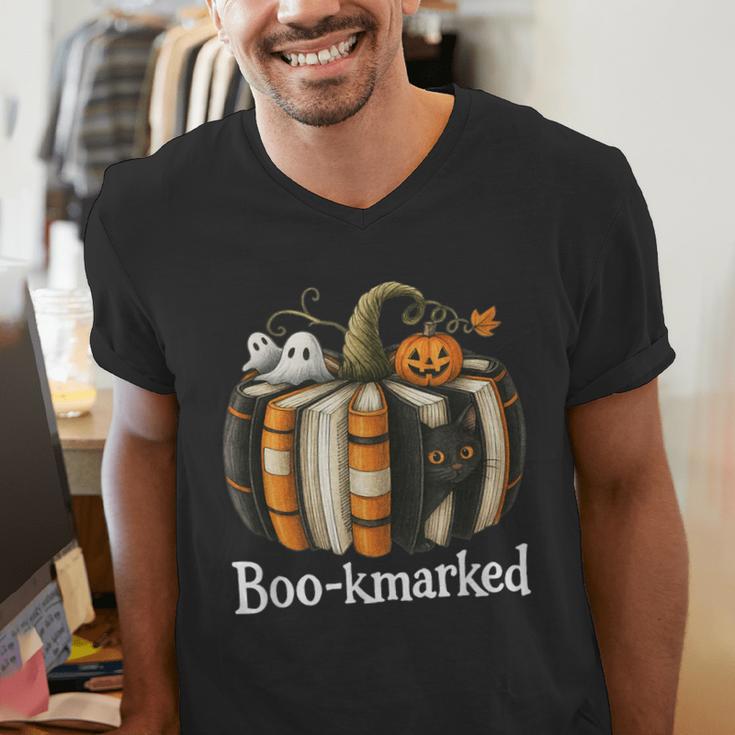 Boo-Kmarked Fall Pumpkin Books Halloween Teacher Teaching Men's V-Neck T-Shirt