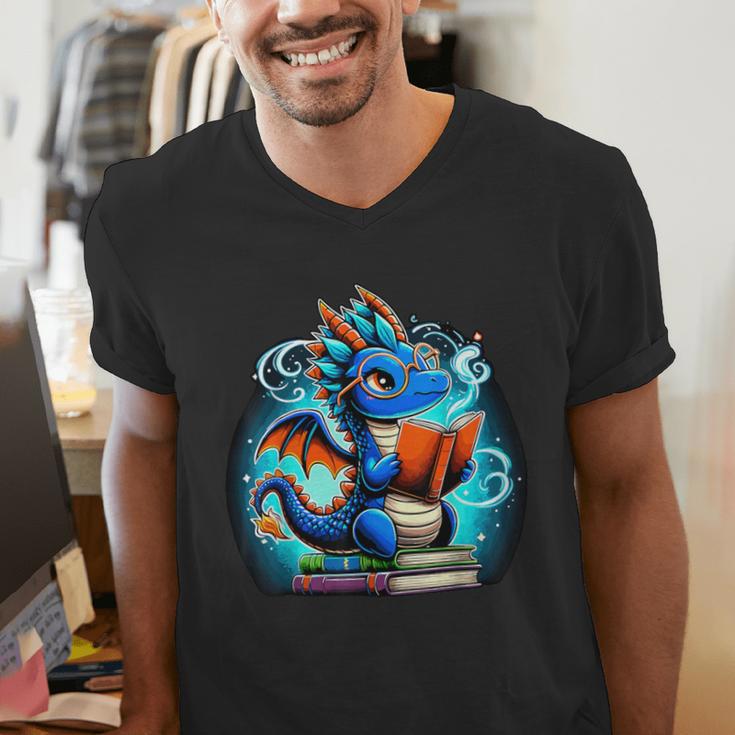 Book Dragon Reading Lover Men's V-Neck T-Shirt Book Dragon Reading Lover Men's V-Neck T-Shirt