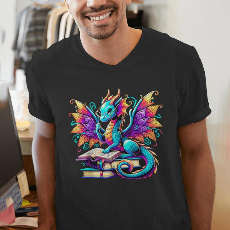Book Dragon Reading Men's V-Neck T-Shirt Book Dragon Reading Men's V-Neck T-Shirt