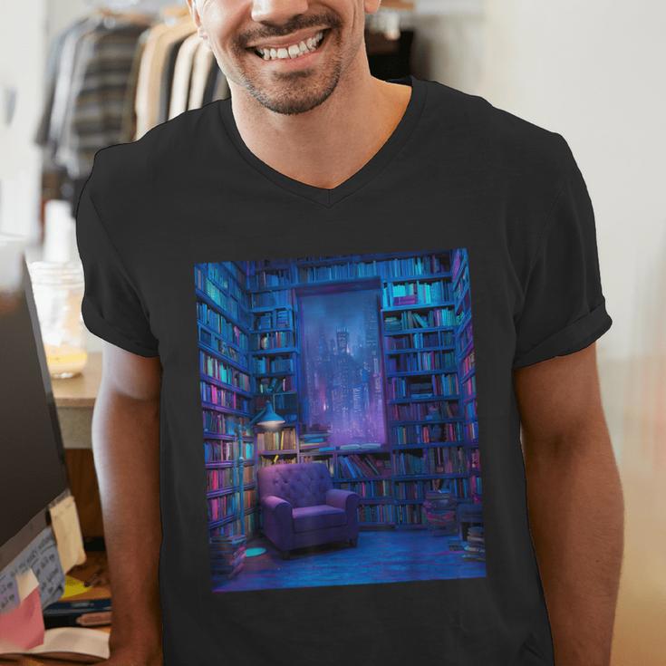 Book Library Bookshelf Armchair Window Pattern Print Men's V-Neck T-Shirt