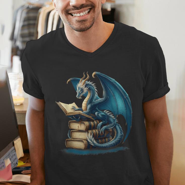 Book Lover Bookworm Reading Books Dragon Sci-Fi Character Men's V-Neck T-Shirt