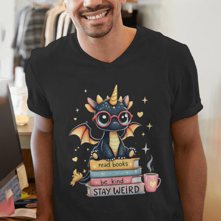 Book Lover Chibi Dragon With Big Red Glasses Bookworm Men's V-Neck T-Shirt