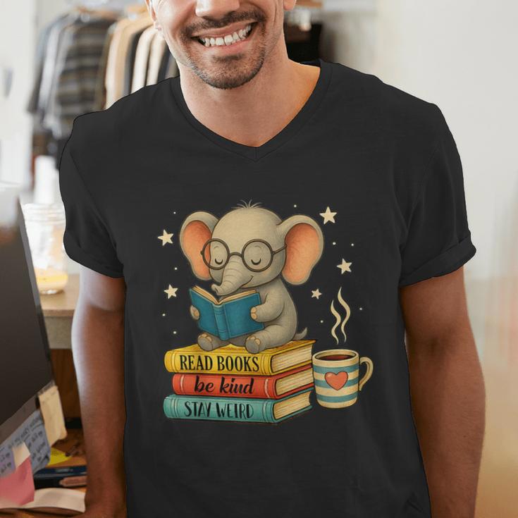 Book Lover Elephant Reading Books Library Read Books Be Kind Men's V-Neck T-Shirt