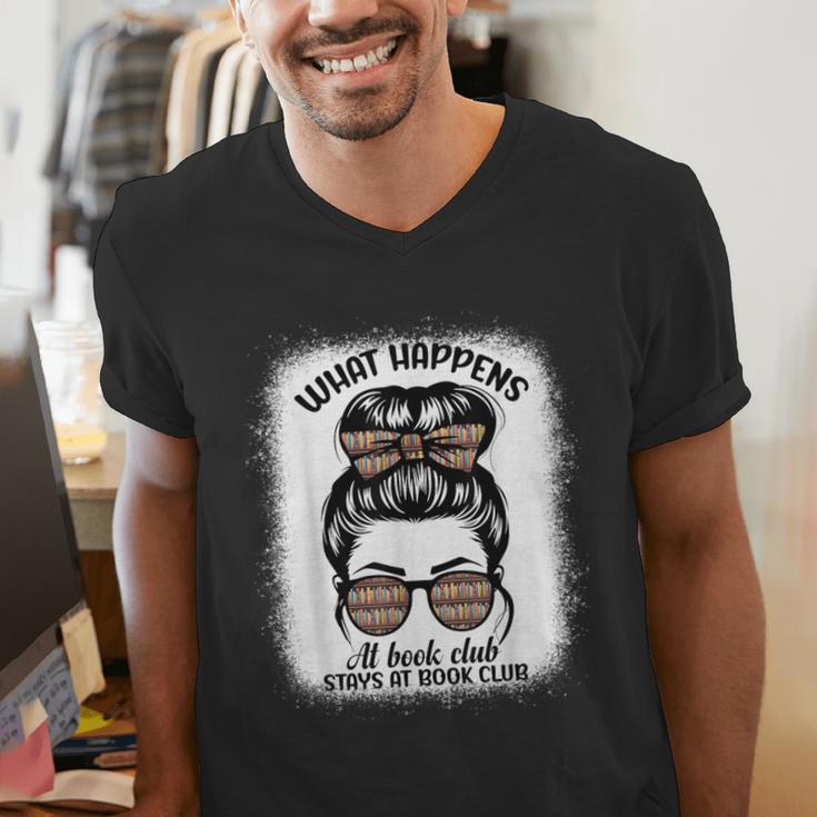 Book Lover What Happens At Book Club Stays Messy Bun Girls Men's V-Neck T-Shirt
