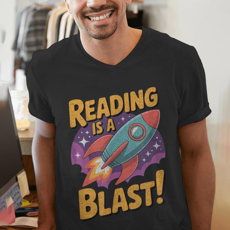 Book Lover Kids And Adults Reading Is a Blast Rocket Ship Men's V-Neck T-Shirt