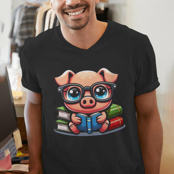 Book Lover Reading Pig Men's V-Neck T-Shirt Book Lover Reading Pig Men's V-Neck T-Shirt
