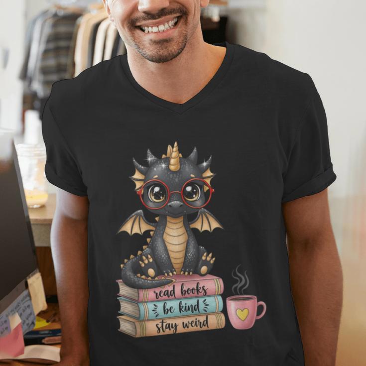 Book Lover Stay Weird Be Kind Read Books Baby Dragon Men's V-Neck T-Shirt