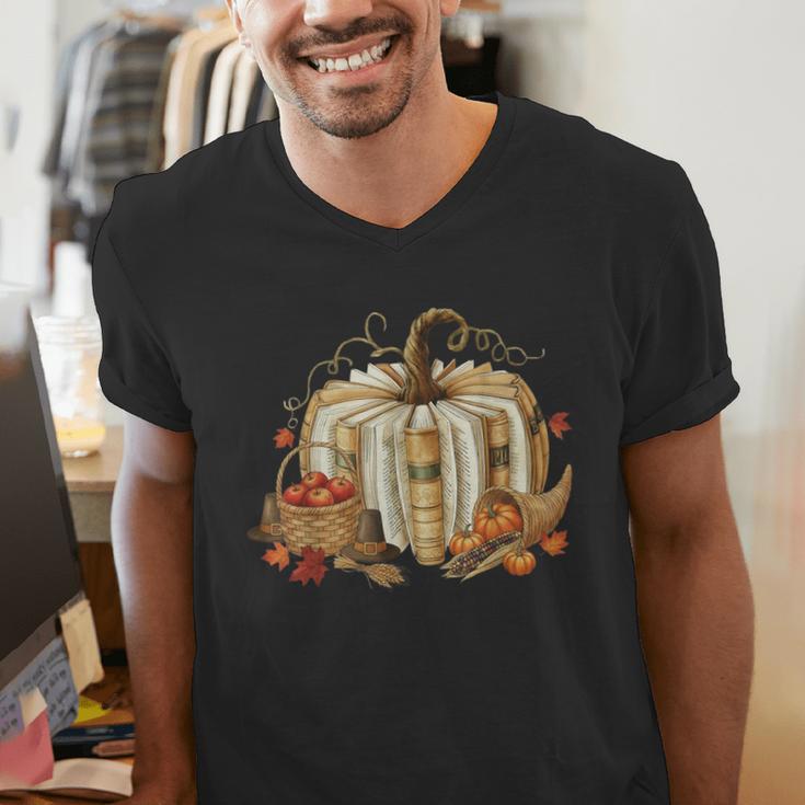 Book Pumpkin Fall Reading Thanksgiving Teacher Librarian Men's V-Neck T-Shirt