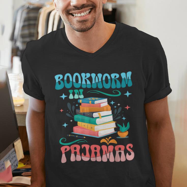 Book Reader Librarian Bookworm In Pajamas Book And Pajama Men's V-Neck T-Shirt Book Reader Librarian Bookworm In Pajamas Book And Pajama Men's V-Neck T-Shirt
