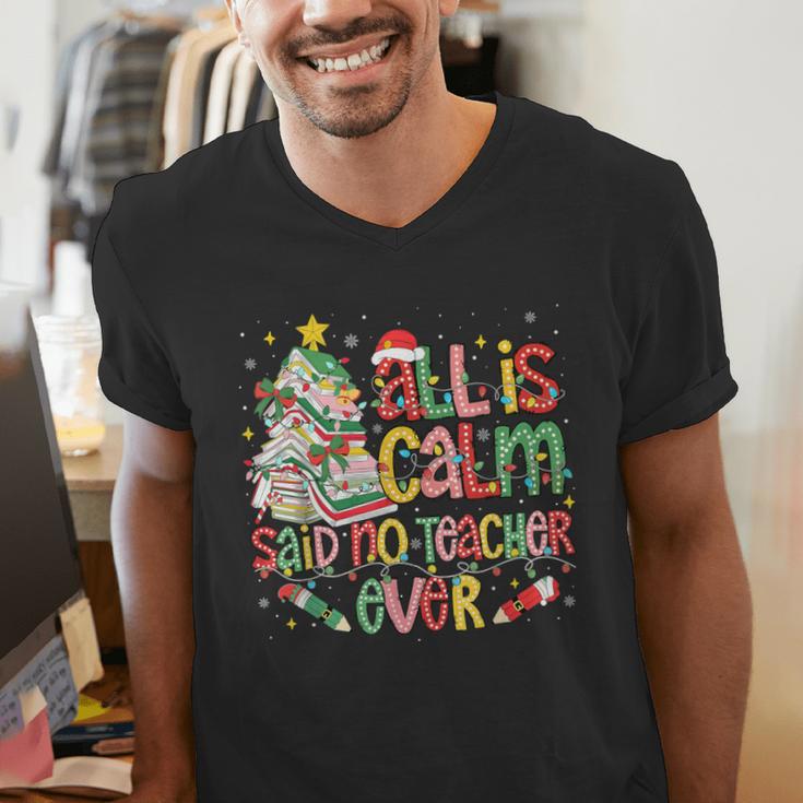 Book Tree All Is Calm Said No Teacher Ever Christmas Men's V-Neck T-Shirt
