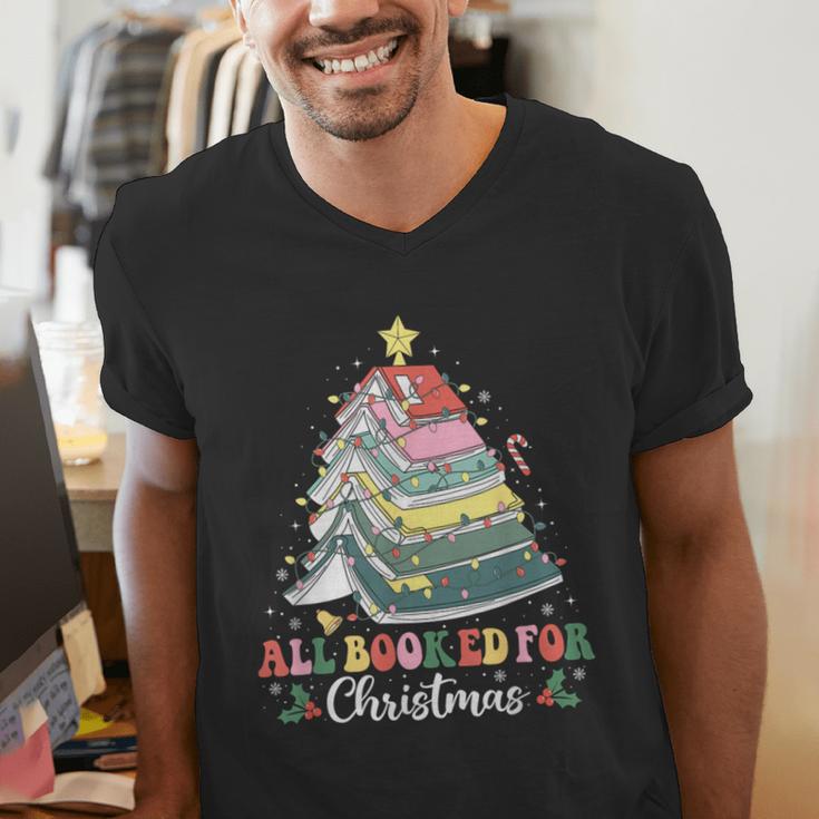 All Booked For Christmas Book Tree Lights Christmas Library Men's V-Neck T-Shirt