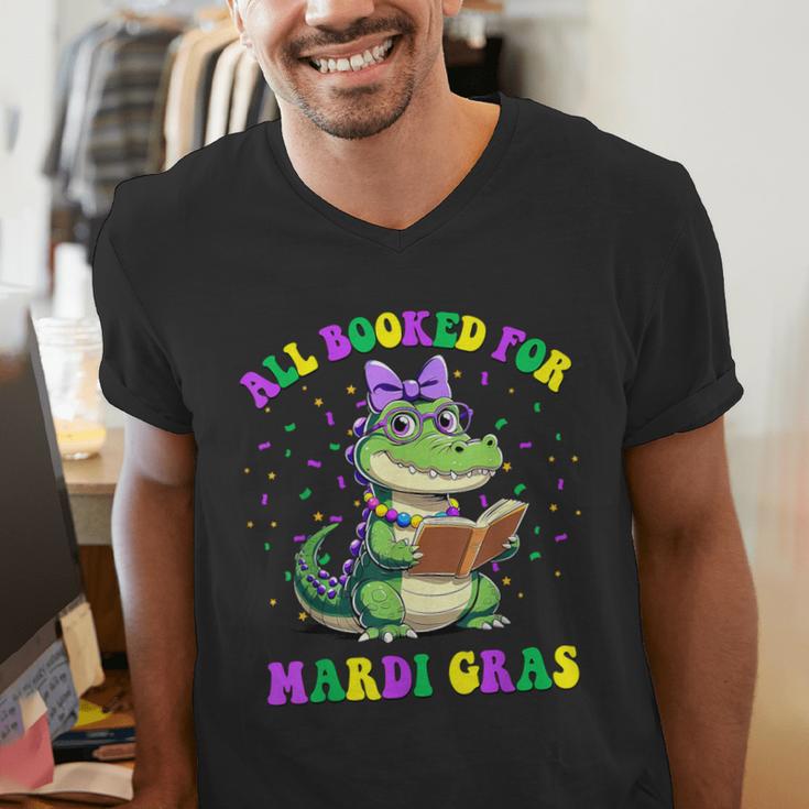 All Booked For Mardi Gras Crocodile Reading Book Teacher Men's V-Neck T-Shirt