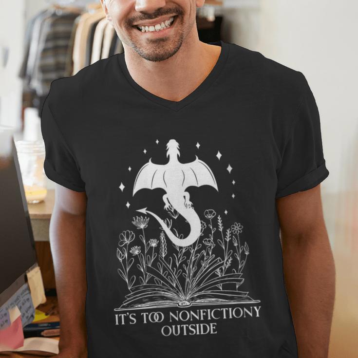 Bookish Dragon Book Club Reading Its Too Nonfictiony Outside Men's V-Neck T-Shirt Bookish Dragon Book Club Reading Its Too Nonfictiony Outside Men's V-Neck T-Shirt