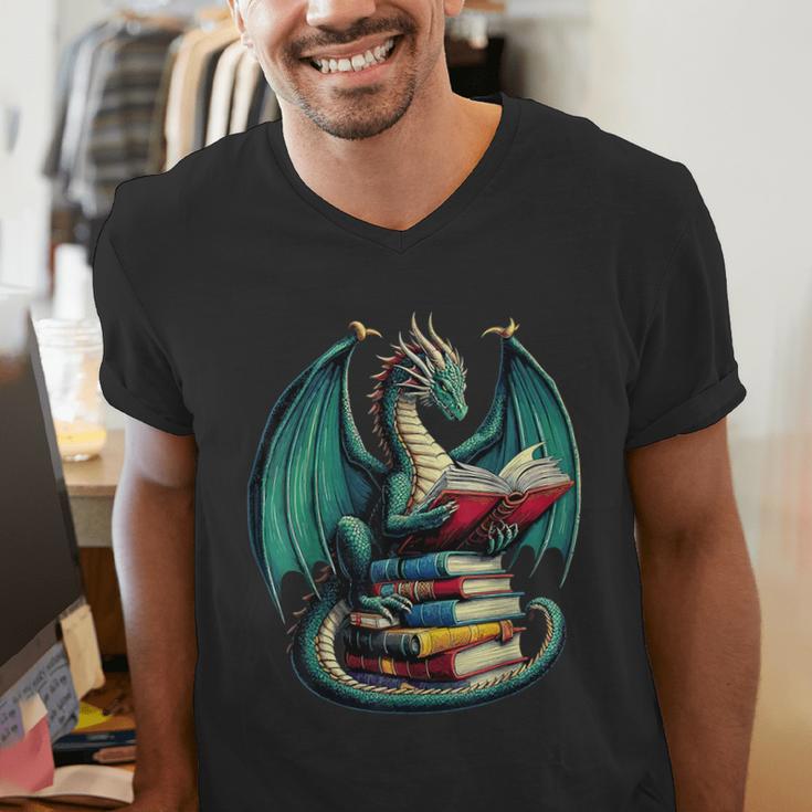 Books Dragon Reading Book Lover Men's V-Neck T-Shirt