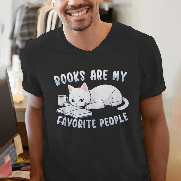 Books Are My Favorite People Cat With Coffee Mug Book Lovers Men's V-Neck T-Shirt