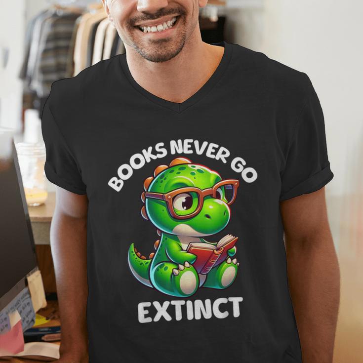 Books Never Go Extinct Reading Dinosaur Bookish Nerdy Men's V-Neck T-Shirt Books Never Go Extinct Reading Dinosaur Bookish Nerdy Men's V-Neck T-Shirt