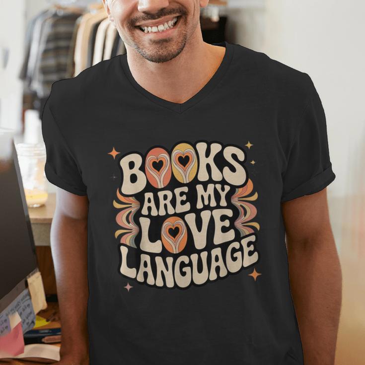 Books Are My Love Language Retro Groovy 70s Book Lover Men's V-Neck T-Shirt Books Are My Love Language Retro Groovy 70s Book Lover Men's V-Neck T-Shirt
